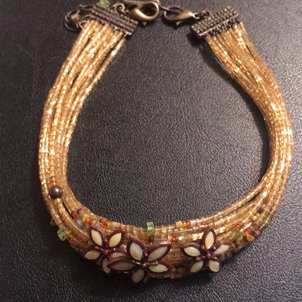 Gold micro beaded choker antique brass closure